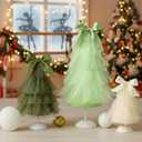 3 Pcs Neutral Christmas Tree Tabletop Decor, Mini Mesh Christmas Tree, Small Artificial Trees with Bow Topper, Rustic Xmas Decor Farmhouse Table Decoration for Home Decors Xmas Gift