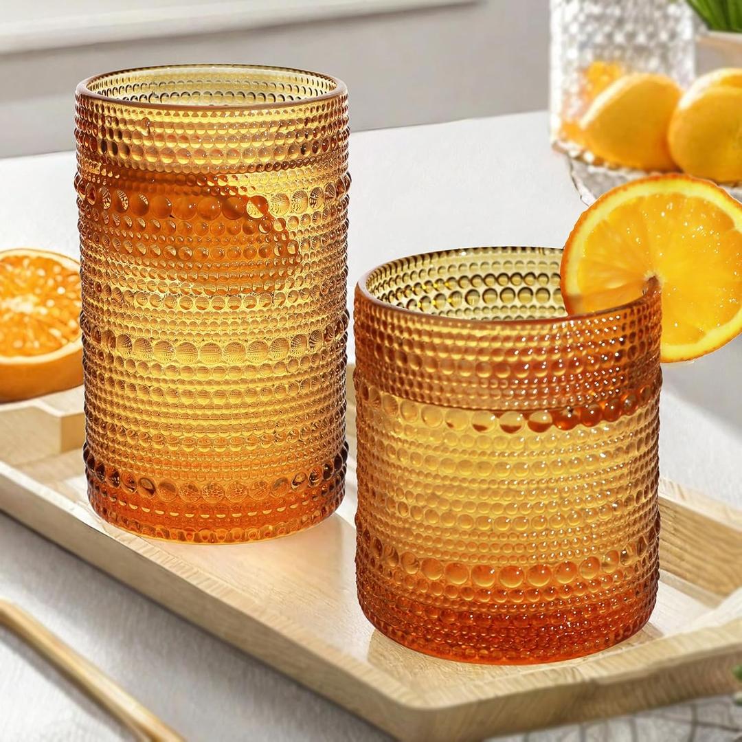 Vintage Hobnail Driinking Glasses Set, Glassware Drinking Set of 8, 12 oz Highball Glasses & 10 oz Cocktail Glasses, Tumbler Glasses for Cocktails, Whiskey, Juice, Milk (Amber)