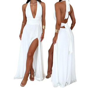 XinFSh Women's Halter V Neck Wedding Guest Maxi Dress Sexy High Slit Bow Tie Beach Vacation Long Formal Dresses, Size M