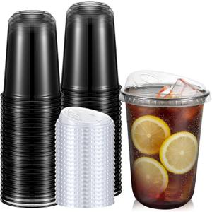 Ziliny 50 Sets Clear Plastic Coffee Cups with Sip Lids, Disposable Plastic PET Crystal Cups for Iced Coffee, Smoothie, Cold Beverage, Drink Shops and Party Catering(Clear Black,16 oz)
