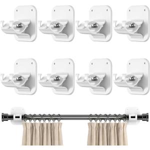 No Drill Curtain Rod Brackets - 20LB, 8 Pack Self Adhesive Curtain Rod Holder, Peel and Stick Wall Hooks, Renter Friendly Upgrades for Apartment, Kitchen, Bathroom, Dorm, Living Room and RV, White