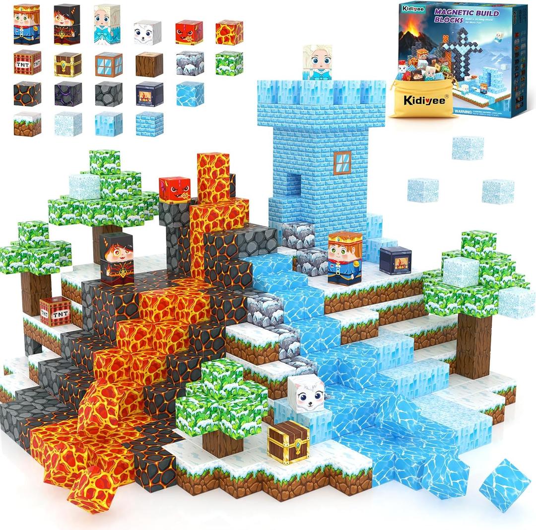 Magnetic Blocks - Build Mine Magnet World Ice Lava Set, Vibrant Colorful Building Blocks with Ultra Magnet Strength for Kids Ages 3-8, STEM Toys Creative Gifts for 3+ Year Old Boys Girls (100PCS/0.8")