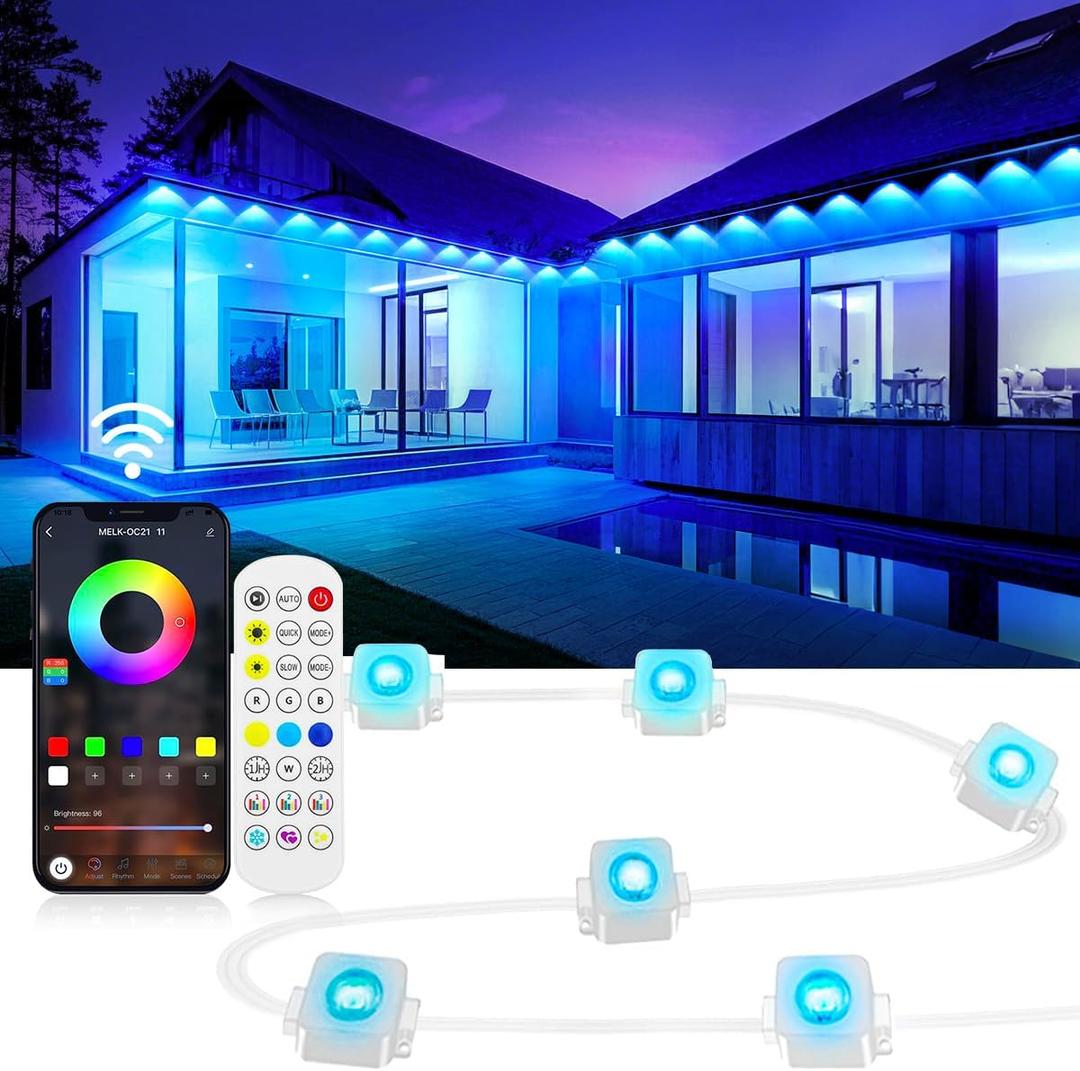 300ft Permanent Outdoor Lights for House, App & Remote Control, RGB Smart Eaves Lights IP68 Waterproof for Christmas, Holiday, Daily Decor, 100LEDs
