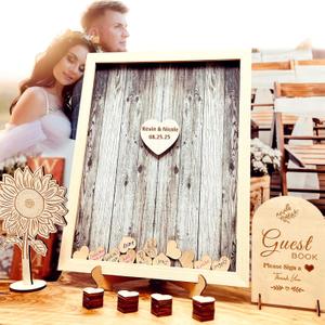 Wedding Guest Book Alternative Pen Sign Drop Top Wooden Frame for Baby Shower Birthday Party Decoration 110 Hearts (Color2)