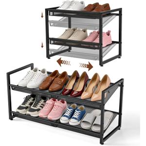 Expandable Shoe Rack, 2 Tier Adjustable Shoe Organizer with Flat & Slant Dual Use Design, Space Saving Shoes Stand for Closet & Entryway, Sturdy Dense Metal Grid Shoe Holder for High Heels, Sneakers