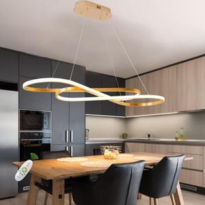Gold Led Chandelier for Kitchen Island Lighting,Dimmable Modern Chandelier for Dining Room, L39.4" Modern Led Pendant Light Fixture Height Adjustable Brushed Gold Dining Room Light Fixture Over Table, 39.37in
