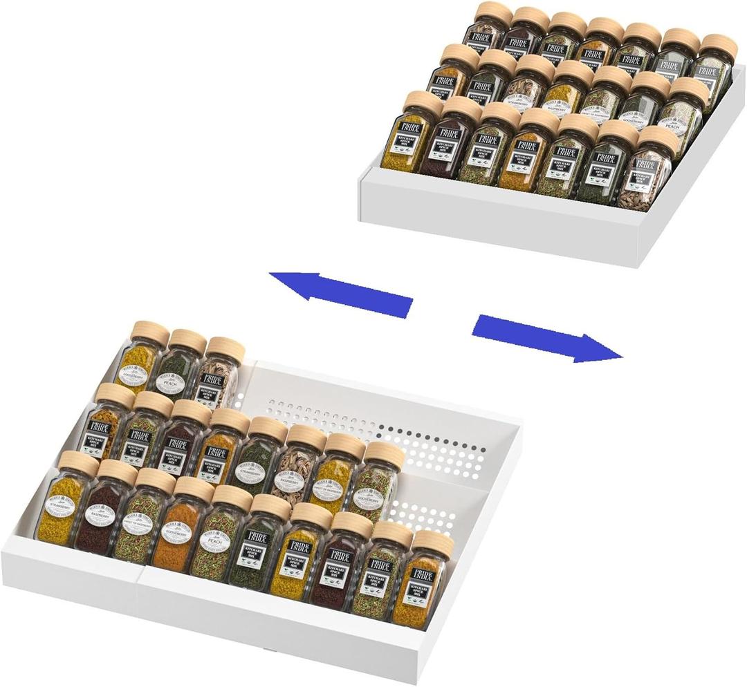 Expandable Metal Spice Drawer Organizer, 3-Tier Slanted Seasoning Jars Tray for Kitchen Cabinet Drawers Insert/Countertop (Jars not included)- 3Tier, 2packs/White