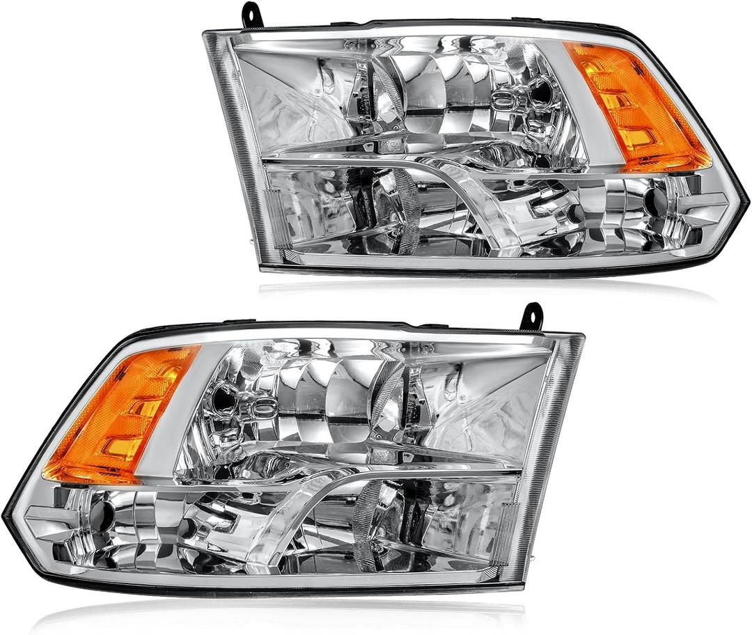 Headlight Assembly, Compatible with 2009-2018 Dodge Ram 1500/2010-2018 Ram 2500 3500 4500 5500(Only fit factory quad beam halogen headlights) Chrome Housing Amber Reflector