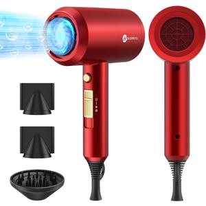 slopehill Professional Ionic Hair Dryer, Powerful 1800W Fast Drying Low Noise Blow Dryer with 2 Concentrator Nozzle 1 Diffuser Attachments for Home Salon Travel (Agate Red)