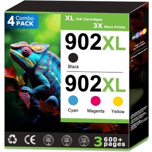902XL Ink Cartridges Combo Pack Replacement for HP 902 Ink Cartridges, Compatible with HP Printer OfficeJet Pro 6968 6978 6950 6958 6979 6962, 902 Black and 902 Colors, Updated with V19.8.1 (4 Pack)