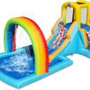 Action Air Inflatable Water Slide, Bounce House with Slide for Wet and Dry, Kids Backyard Waterpark for Summer Fun, Rainbow Splash Pool for Age 3-8, Love for Kids, 157x79x71 inches