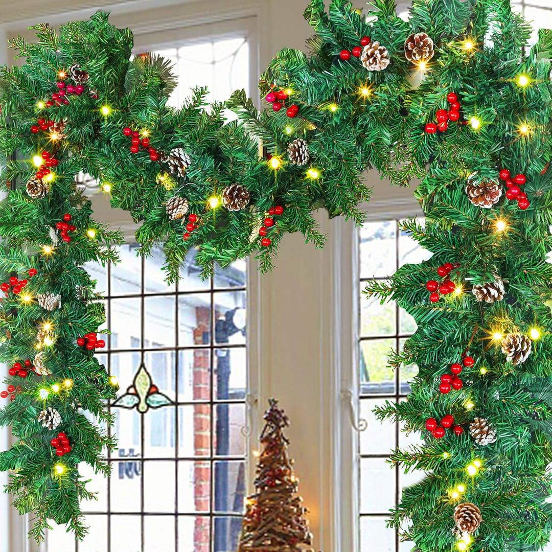 GUOOU 9 Foot Christmas Lighted Garland, Battery Operated Christmas Garland with Lights, Pre Lit Garland Wreath for Indoor Home Winter Holiday New Year Xmas Decorations (24 Pine Cones)