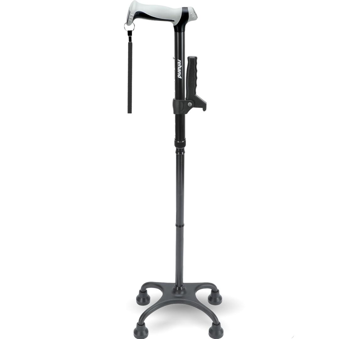 Rehand Quad Cane, Adjustable Walking Cane with Ergonomic Handle Ever and Graceful 4-Pronged Base for Extra Balance & Stability, Walking Sticks for Right or Left Handed Men & Women and Seniors [Black]