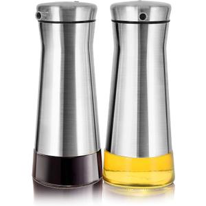 Aelga Olive Oil And Vinegar Dispenser Set -2 Pack Elegant Stainless Steel Oil Dispenser Set- Vinegar Bottle for Kitchen with No-Drip (Silver)