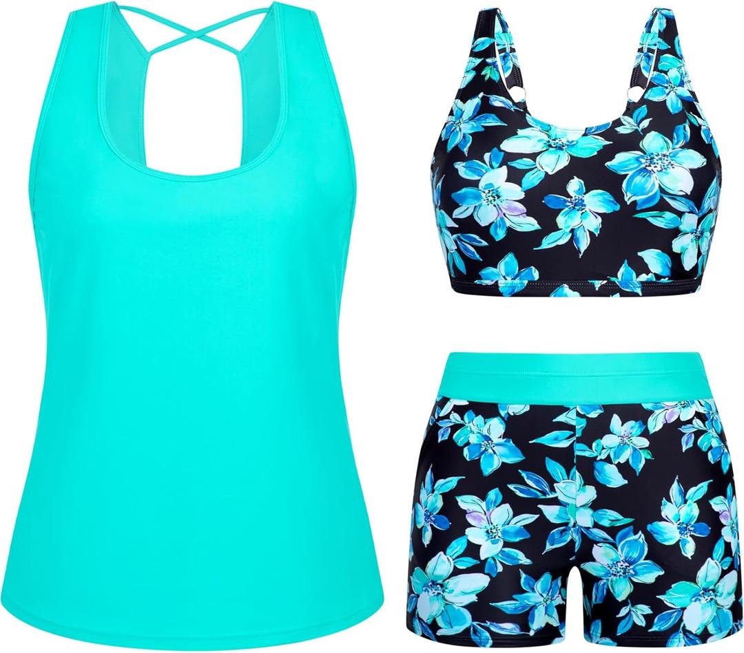 Arolina 3 Piece Swimsuits for Women Tankini Sets Modest Bathing Suits Plus Size Swimsuit Swimwear 2026 (X-Large, Blue Flowers)