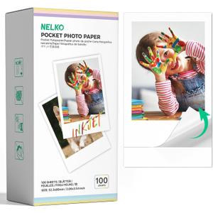 Nelko 52.3x90mm Premium Sticky Back Photo Paper, 100-Pack Genuine PP01 & PP03 Pocket Printer Paper, Water Resistant Photo Paper, Compatible with Nelko Photo Printer Series, Easy to Peel, White