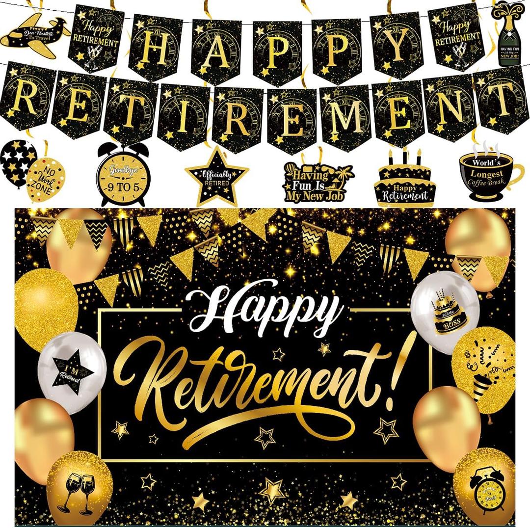 Happy Retirement Party Decorations For Men Women - Black and Gold Happy Retirement Banner, 5.9x 3.6Ft Retired Backdrop, 8 Pcs Hanging Swirls