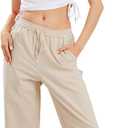 CHARTOU Women's Summer Drawstring Waist Wide Leg Loose Cotton Linen Palazzo Pants (Beige, XL)