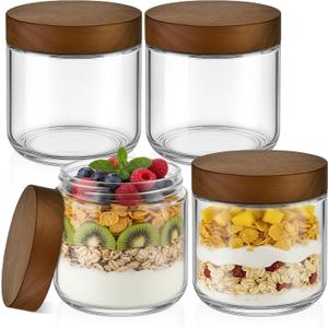 Bumobum 12 oz Glass Mason Jars with Lids, Glass Container with Acacia Wood Airtight Lid, Wide Mouth Canisters for Chia Pudding Loose Tea Coffee Meal Prep Parfait Salad Snacks Yogurt Spice, 4-Pack