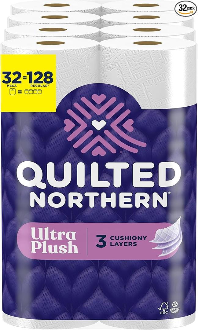 Quilted Northern Ultra Plush Toilet Paper, Mega Rolls, 3 Ply Toilet Tissue
Quilted Northern toilet paper with 32 Mega Rolls, 3-ply layers, reduced lint, and soft sheets