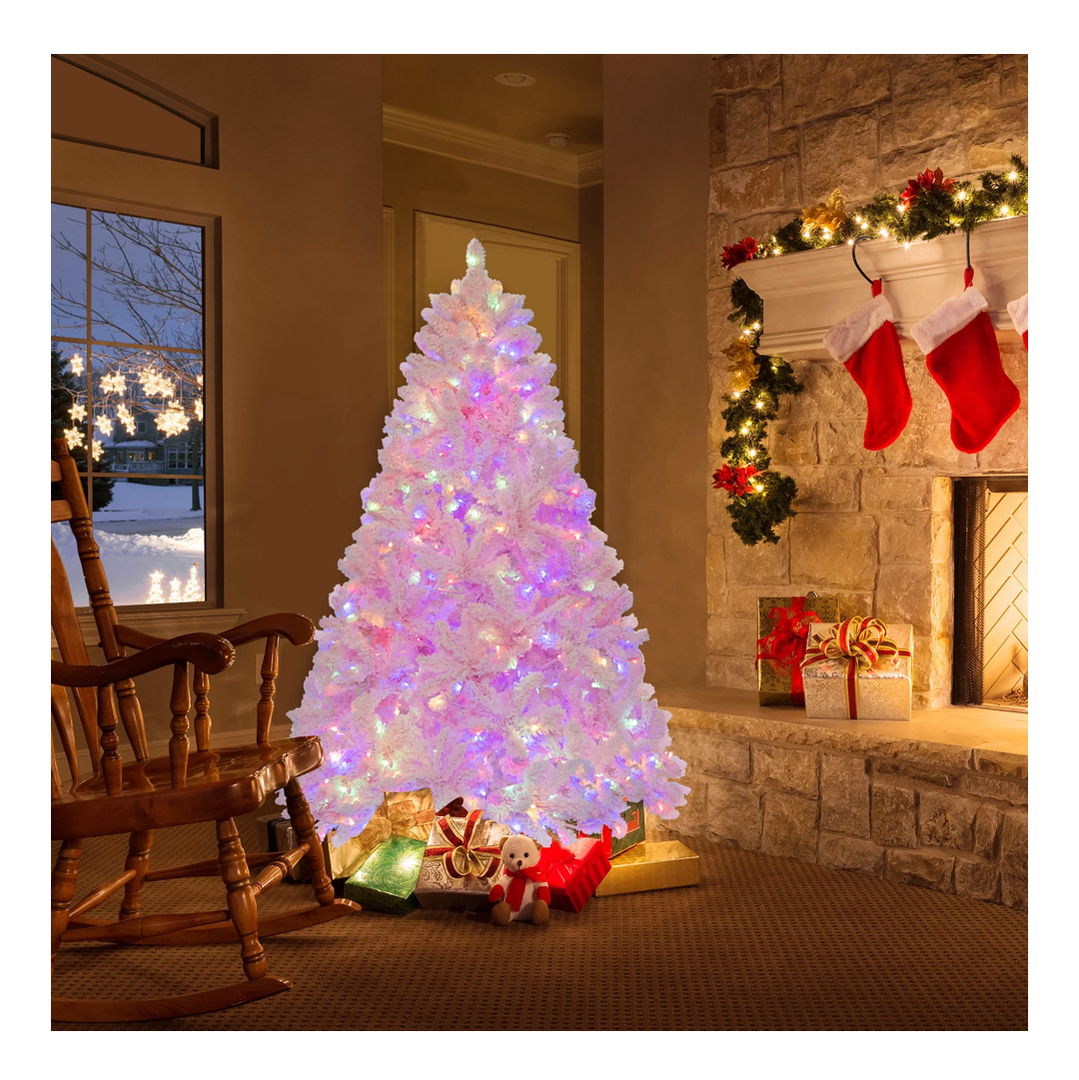 6 FT Flocked Artificial Christmas Tree Hinged with 350 LED Lights 808 Branch Tips