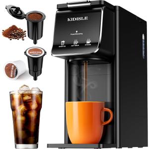 Hot & Iced Coffee Maker for K-Cups & Ground Coffee, Single-Serve Brewer with Bold Setting, Reusable Filter, Travel Mug Friendly, Compact & Quick Brew, Black