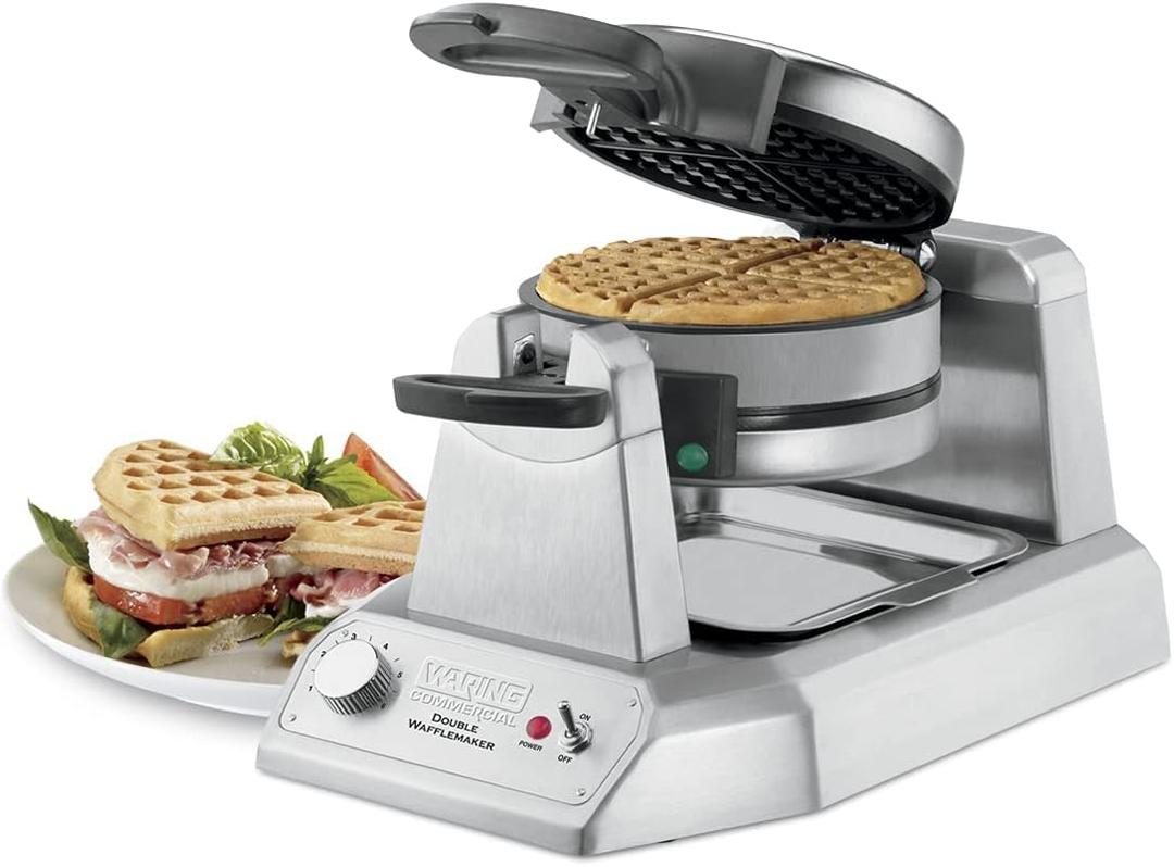 Waring Commercial WWD200 Classic Double Waffle Maker, Coated Non Stick Cooking Plates, Produces 60 waffles per hour, 120V, 1400W, 5-15 Phase Plug, Silver
