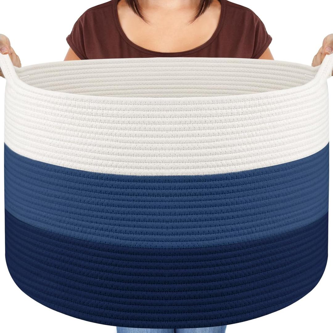 Maliton XXX Large Cotton Rope Blanket Basket, 22" x 22" x 14" Storage Baskets for Organizing, Kids Dog Toy Storage Box Organizer Bins, Blanket Holder for Living Room, Bedroom, Kids Room, Bathroom (White & Blue)
