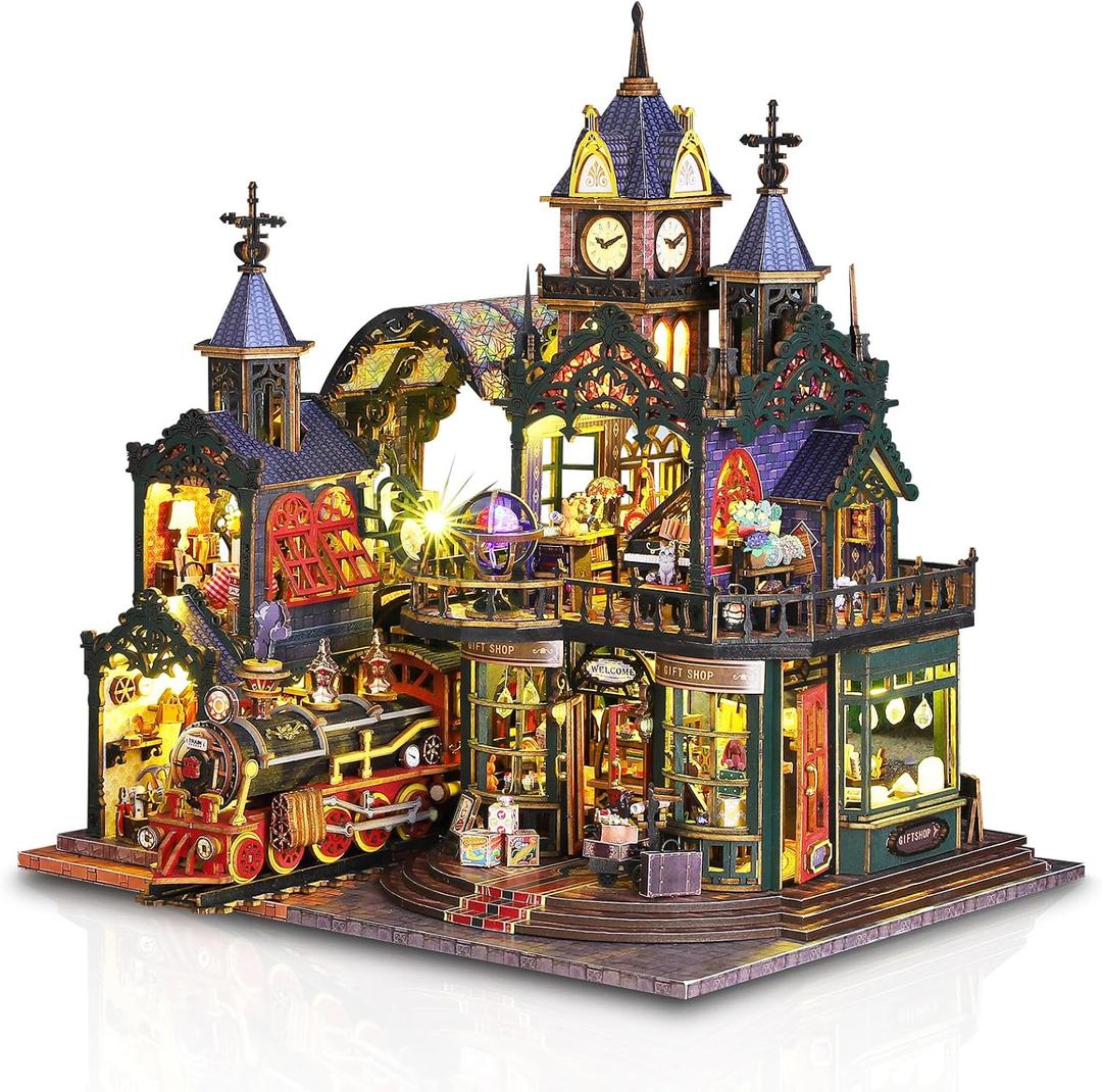 DIY Miniature Dollhouse Kit for Adults - Victorian Tiny House Building Kit with Train, LED, Music - 1:24 Scale Wooden Mini Home Prefab Gift for Christmas, Shelf Decor, Hobby Craft