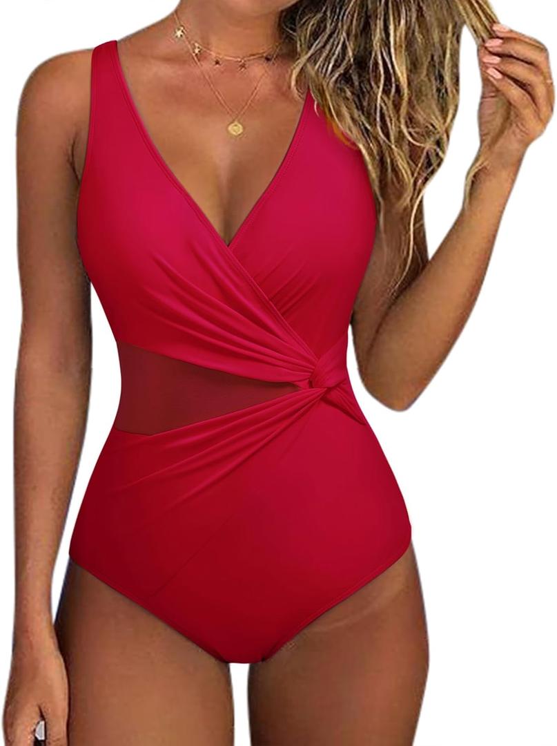 SUUKSESS Women Sexy Mesh Tummy Control One Piece Swimsuit Push Up Bathing Suit (Small, 119 Red)