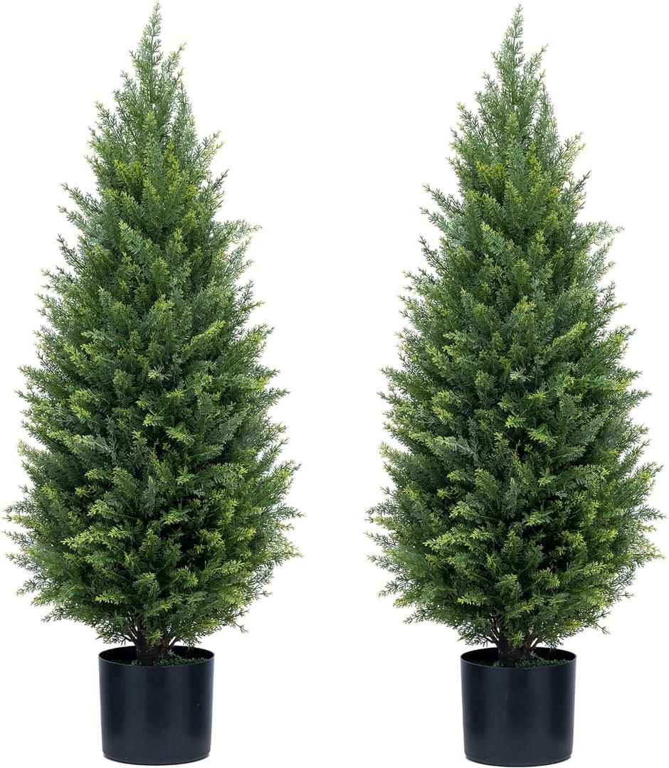 3ft Artificial Topiary Trees Artificial Cedar Trees UV Resistant Bushes Potted Set of 2 Faux Shrubs for Outdoor Indoor Front Porch Garden