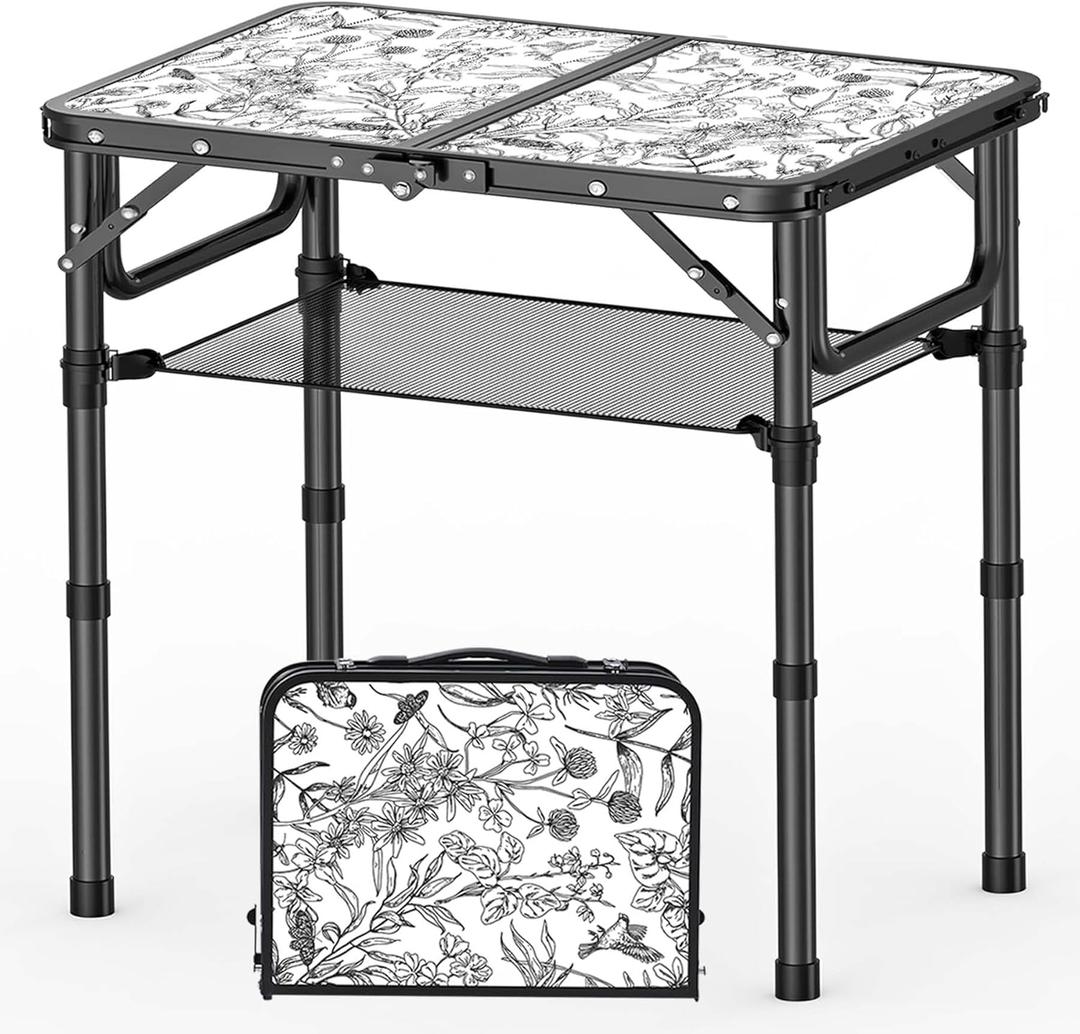 Toile de Jouy-Inspired Camping Table, Vintage French Floral Pattern Folding Table, Adjustable Height, Lightweight & Portable Outdoor Picnic Table with Carry Handle for Patio, Living Room, Travel