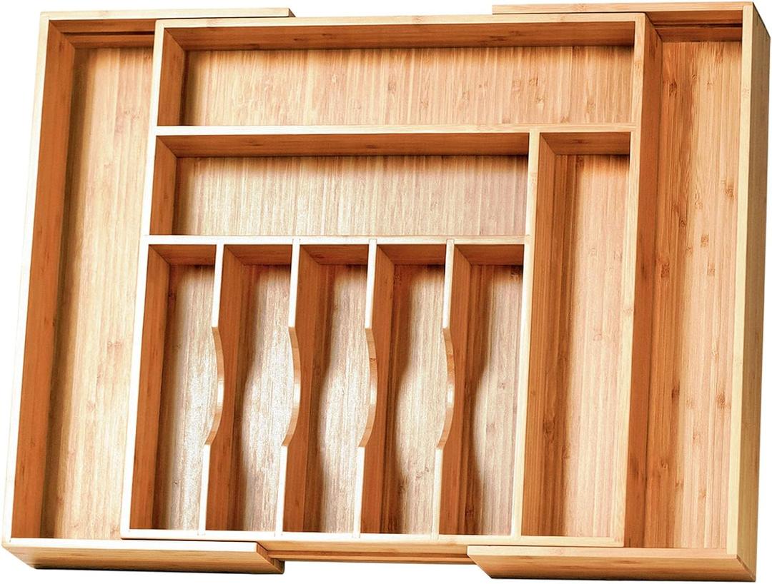Umilife Extra Large Expandable Kitchen Siverware Utensils Drawer Organizer, 19" Deep for Big Drawer, Adjustable Bamboo Wood Drawer Divider with Curved Grooves, Cutlery Tray Flatware Holder (Expandable 17~28 x 19 inch (10 Slots))