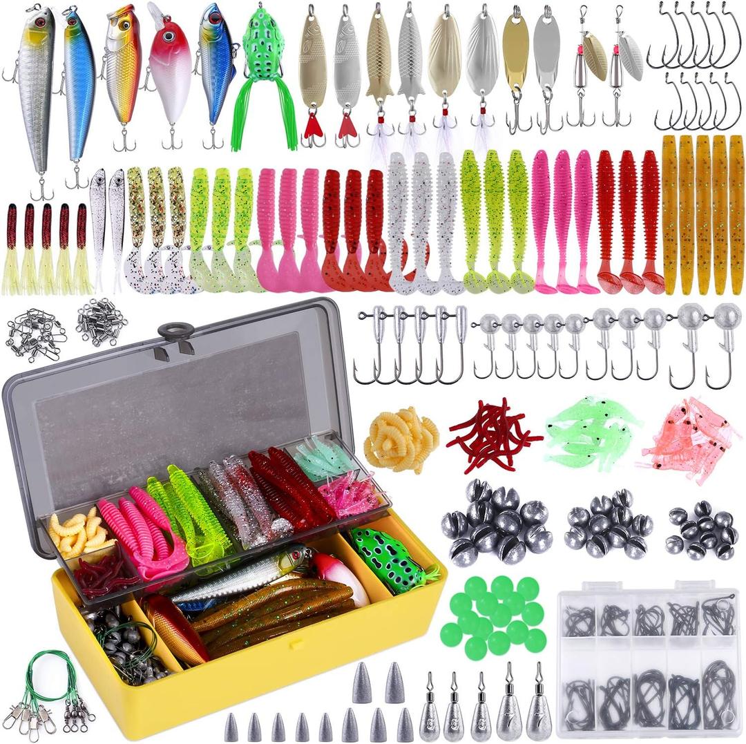 PLUSINNO Fishing Lures Baits Tackle Including Crankbaits, Spinnerbaits, Plastic Worms, Jigs, Topwater Lures, Tackle Box and More Fishing Gear Lures Kit Set, 102/302Pcs Fishing Lure Tackle