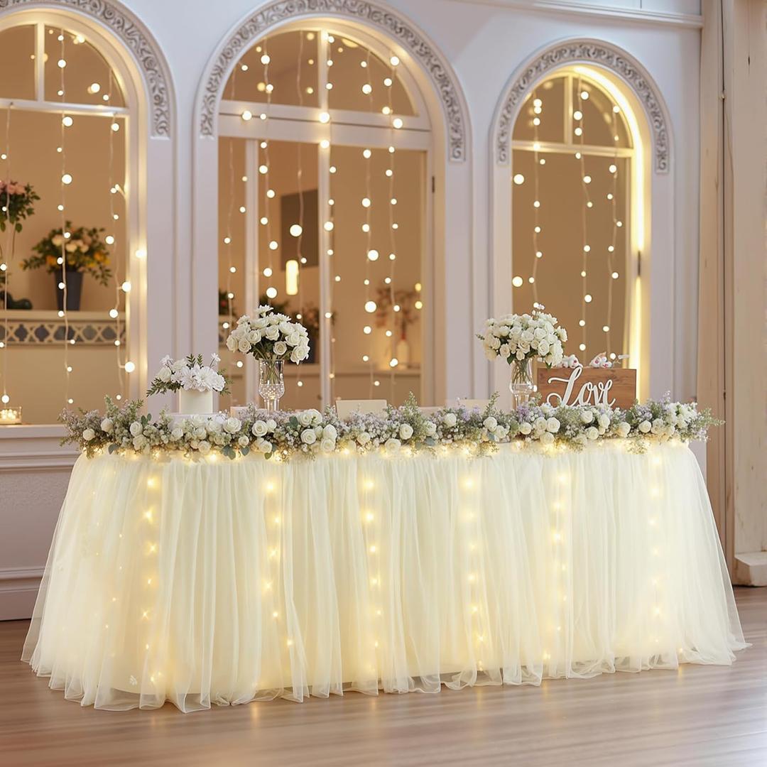 14FT Champagne Tulle Table Skirt for Rectangle Tables 2-Layer Ruffle Tulle Tutu Cloth Desk Table Skirt for Birthday Baby Shower Wedding Banquet Cake Dessert Decorations, L 14(ft)*H 30in, Champagne