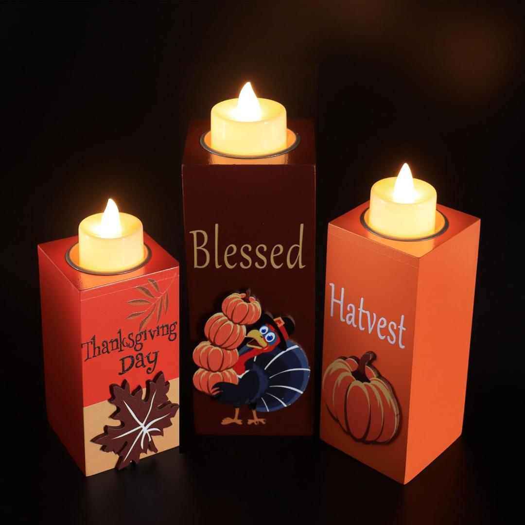 2 x BlcTec Fall Decorations for Home 3 PCS Wood Candle Holders with LED Tea Lights & 3D Carving Craft, Rustic Candle Centerpieces for Home, Table, Office, Tiered Tray Fall Decor Thanksgiving Decorations
