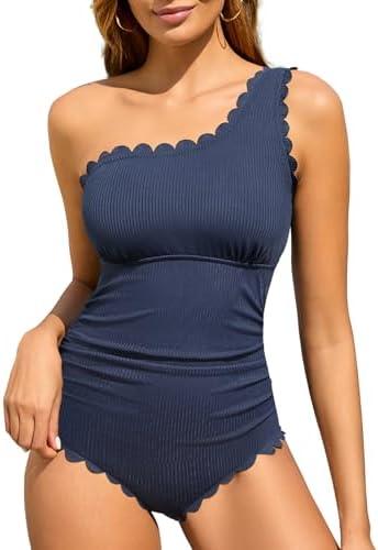 Summer Mae One Shoulder Women's One Piece Swimsuit Ribbed Scalloped Swim Suits Slimming Full Coverage Modest Bathing Suit, 12