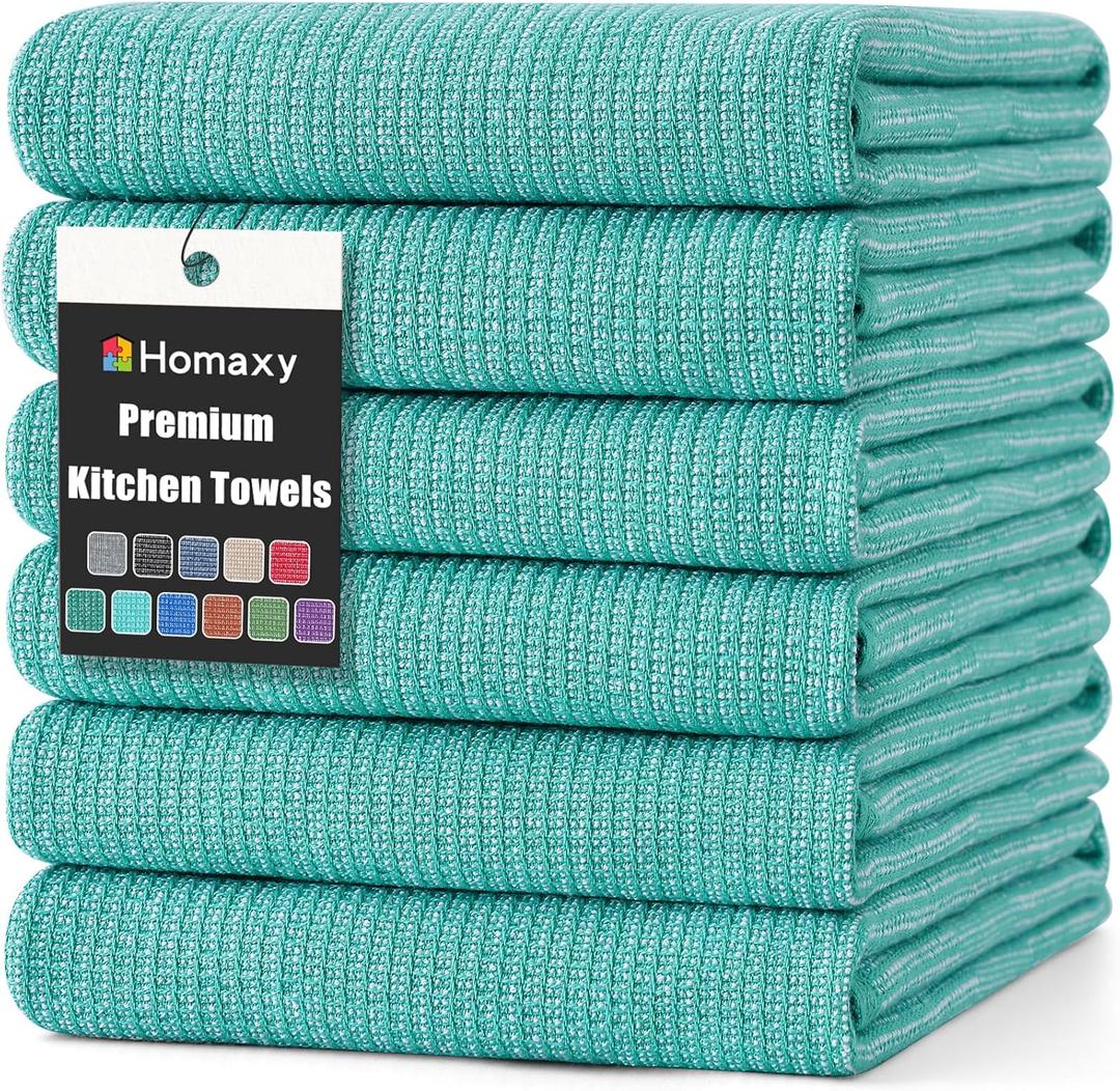Homaxy Premium Kitchen Towels(18x 28, 6 Pack), Large Cotton Kitchen Hand Towels, Flat and Terry Dish Towels, 380 GSM Highly Absorbent Tea Towel Set with Hanging Loop, Teal