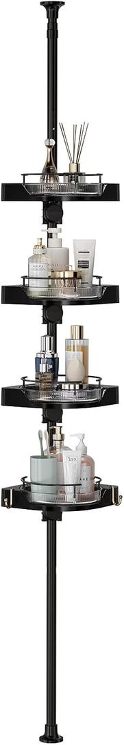 360 Rotating Shower Caddy Tension Pole, 4 Tiers Corner Shower Organizer for Bathroom Shelf Bathtub, Adjustable Standing Shower Rack Bathroom Accessories, Easily Assemble, 34-124 Inch Height, Black