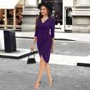 Womens Midi Pencil Dress Bodycon V Neck Ruched Design Long Sleeve Cocktail Party Night Out Dinner Dresses (Purple, XL)