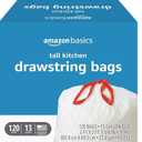  Amazon Basics Tall Kitchen Drawstring Trash Bags, Sturdy and Tear Resistant, 13 Gallon, Unscented, 120 Count