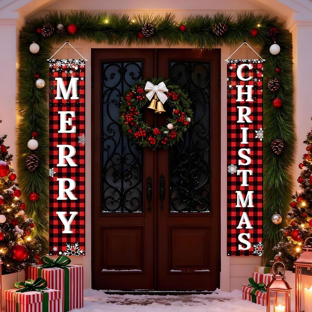 3 x Christmas Decorations Outdoor Yard Front Porch Sign Set Christmas Door Banner Red Black Door Decoration Hanging Merry Christmas Decorations for Home, Wall, Front Door, Yard