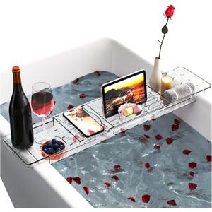 Yieach Luxury Tub Tray for Bathtub Expandable,Clear Bath Shelf Over Tub and Acrylic Bathtub Tray,Plastic Bath Board & Table,Bath Caddy Tray & Accessories for Mothers,Mom and Women Relaxing Spa Gifts (M - (22.3 to 31.8 in)