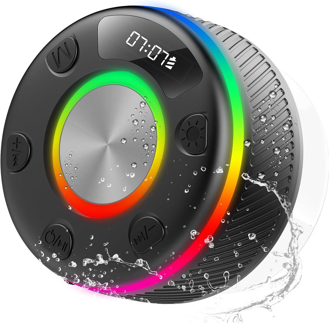 Bluetooth Speaker, Shower Speaker, IP7 Waterproof Portable Speakers Bluetooth 5.4 with HD Sound, RGB Light/LED Display/Hands-Free Call/Suction Cup Perfect for Bathroom Sing-Along Stocking Stuffers (Black)