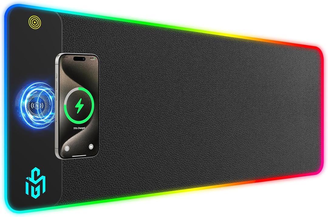 GIM PU Leather RGB Gaming Mouse Pad with 15W Magnetic Wireless Charging, 800x300x4mm LED Mouse Mat, 10 Light Modes, Non-Slip Rubber Base for PC MacBook Laptop (Carbon Black)