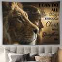 YJDYJD Lion and Jesus Christian Tapestry Wall Art I Can Do All Things Through Christ Scripture Fabric Wall Hanging, Inspirational Bible Verse Decor for Bedroom, Dorm, or Church, 80"L x 60"W
