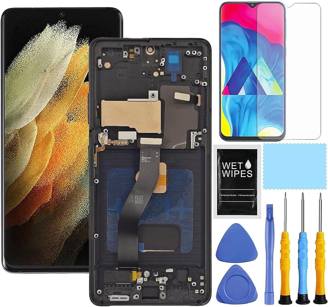 AMOLED for Samsung Galaxy S21 Ultra 5G Screen Replacement with Frame for Samsung S21 Ultra Screen Replacement kit SM-G998u G998a G998w LCD Touch Display digitizer with Tools BlackUS Version