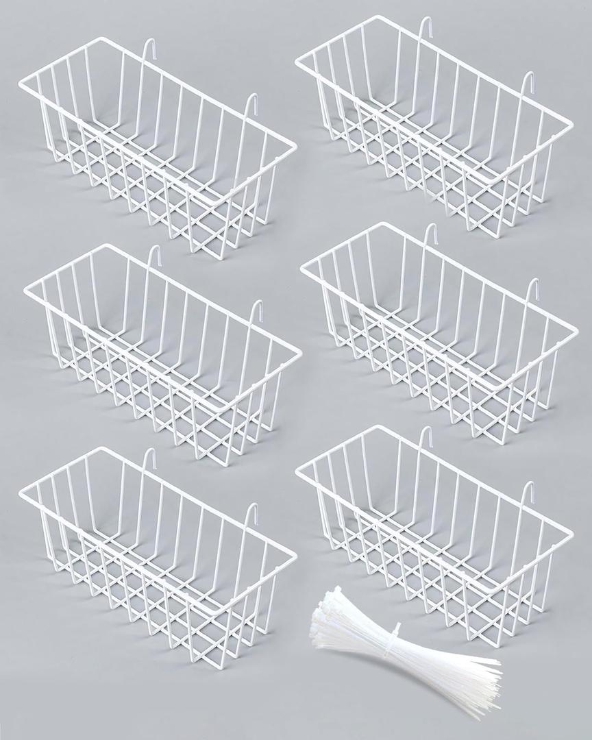6 Pack White Wall Grid Panel Hanging Wire Basket, Wall Baskets with Hooks for Organizing, White Metal Grid Panel Accessories