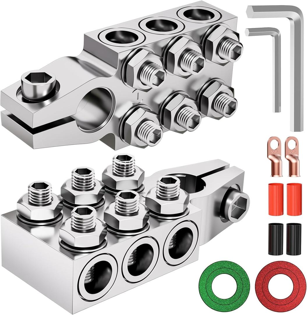 12-Way Lead Acid Battery Terminal Clamps, 8AWG up to 4/0(XL) AWG Gauge, Positive & Negative Connector for SAE/DIN/EN Tapered Top Post