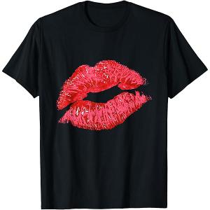 Womens Trendy Large Red Lip Print V-Neck T-Shirt, 2XL
